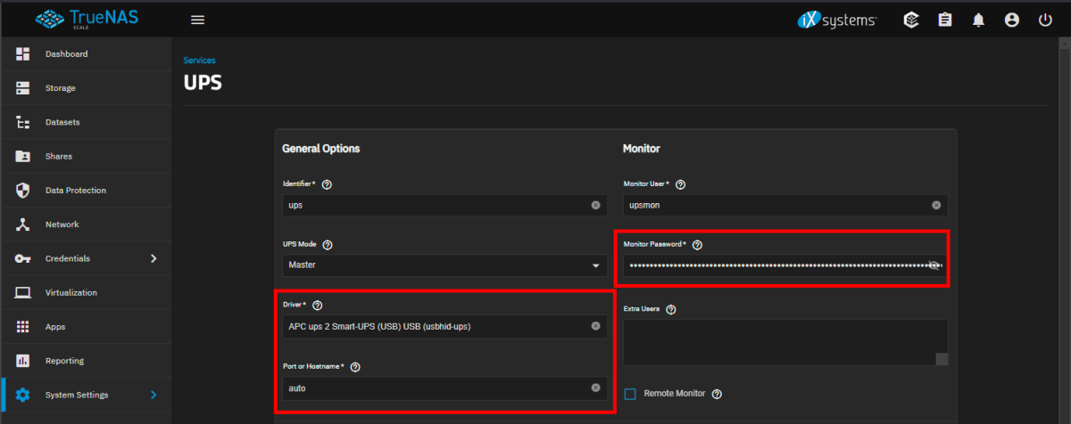 System Settings > Services > UPS > General Options, Monitor