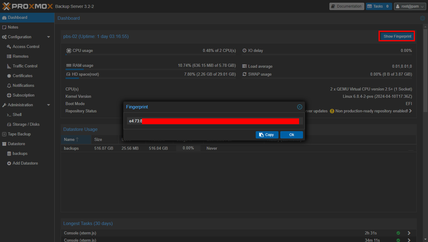 Proxmox Backup Server から Fingerprint の取得